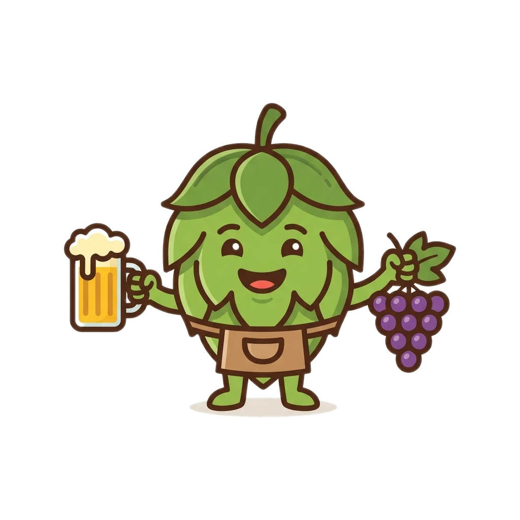 Carboy Corner hop mascot holding a beer and grapes